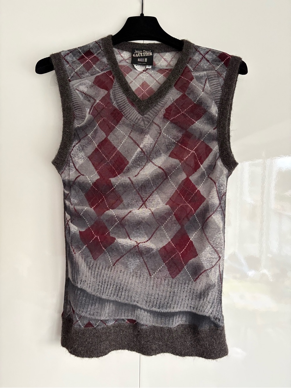 Jean Paul Gaultier Grey & Burgundy Argyle V-Neck Sweater Vest